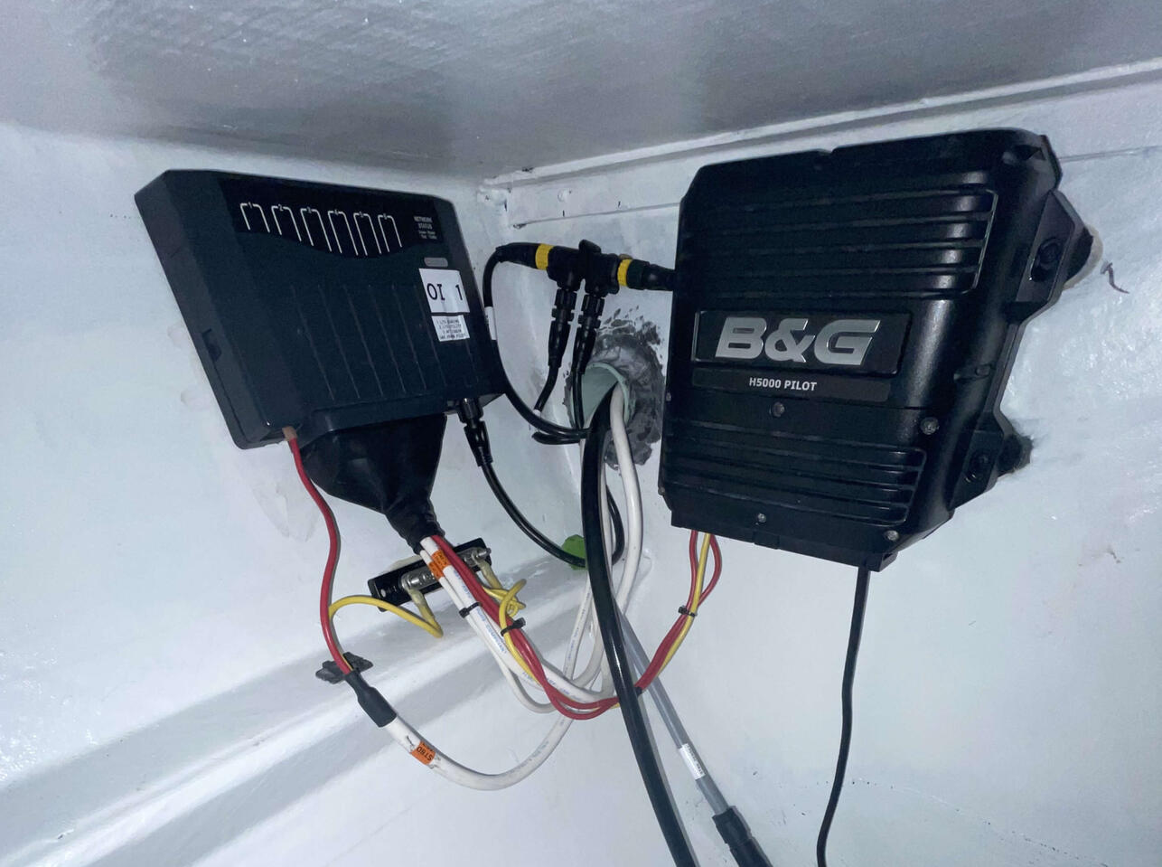 Autopilot and C-Zone module installed under aft starboard cabin bunk in Gunboat Newport Shipyard
